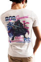 Person wearing a white t-shirt with a colorful graphic design on the back, featuring text and a stylized figure.