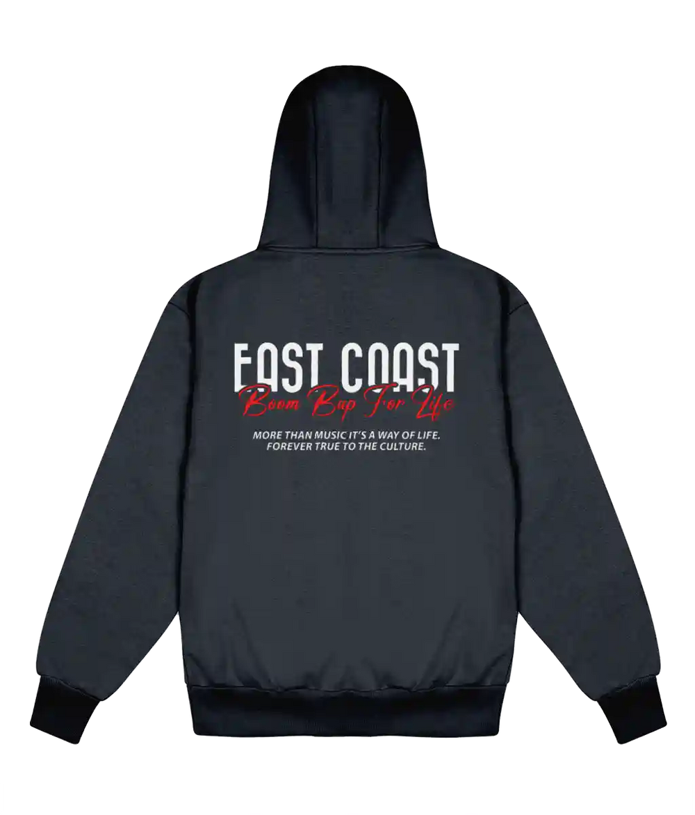 A dark gray zip-up hoodie shown from the back, featuring a graphic print with the text 'FAST COAST' in white, 'Run Rap Too Life' in red script, and smaller white text below, displayed on a solid white background.