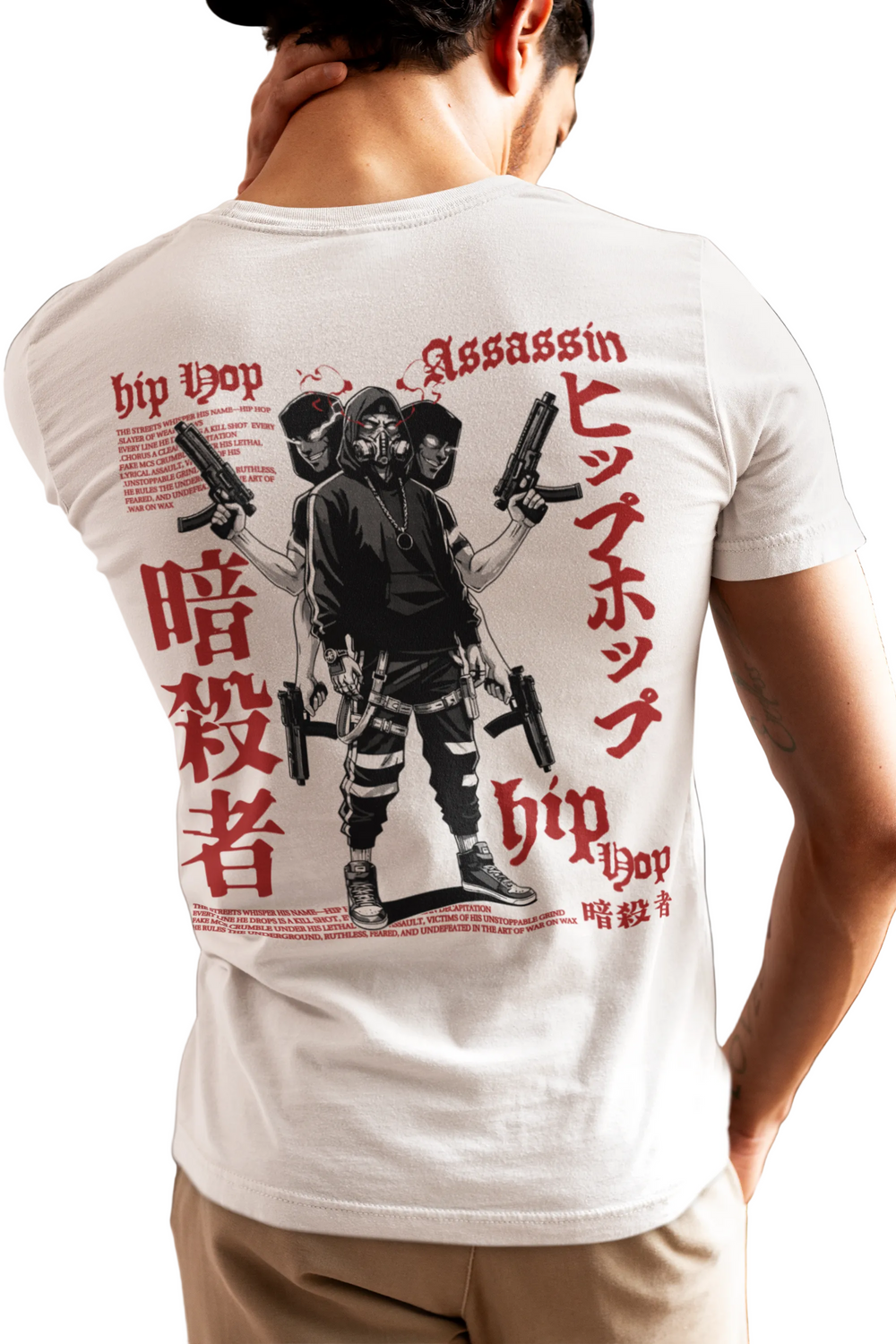 Person wearing a white t-shirt with graphic design and text