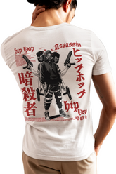 Person wearing a white t-shirt with graphic design and text