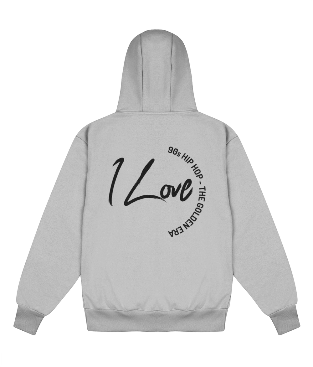 Gray hoodie with 'I Love 90s Hip Hop' text on the back against a white background