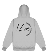 Gray hoodie with 'I Love 90s Hip Hop' text on the back against a white background