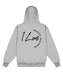 Gray hoodie with 'I Love 90s Hip Hop' text on the back against a white background