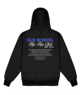A black pullover hoodie shown from the back, featuring a graphic print with the text 'OLD SCHOOL Hip Hop Club -EST 1973' in blue and white, with additional text below detailing the hip hop movement.