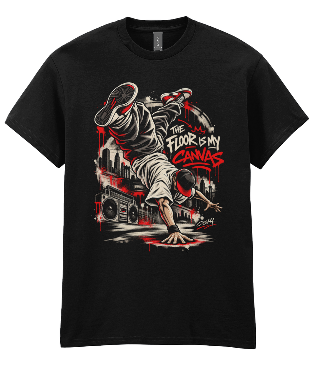 The Floor Is My Canvas T-shirt with breakdance-inspired front artwork