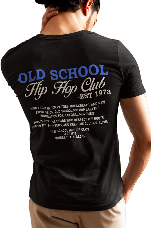 Person wearing a black t-shirt with 'Old School Hip Hop Club' text on the back.