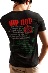 Person wearing a black t-shirt with 'HIP HOP' text and rose design on the back.