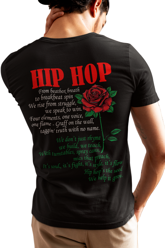 Person wearing a black t-shirt with 'HIP HOP' text and rose design on the back.