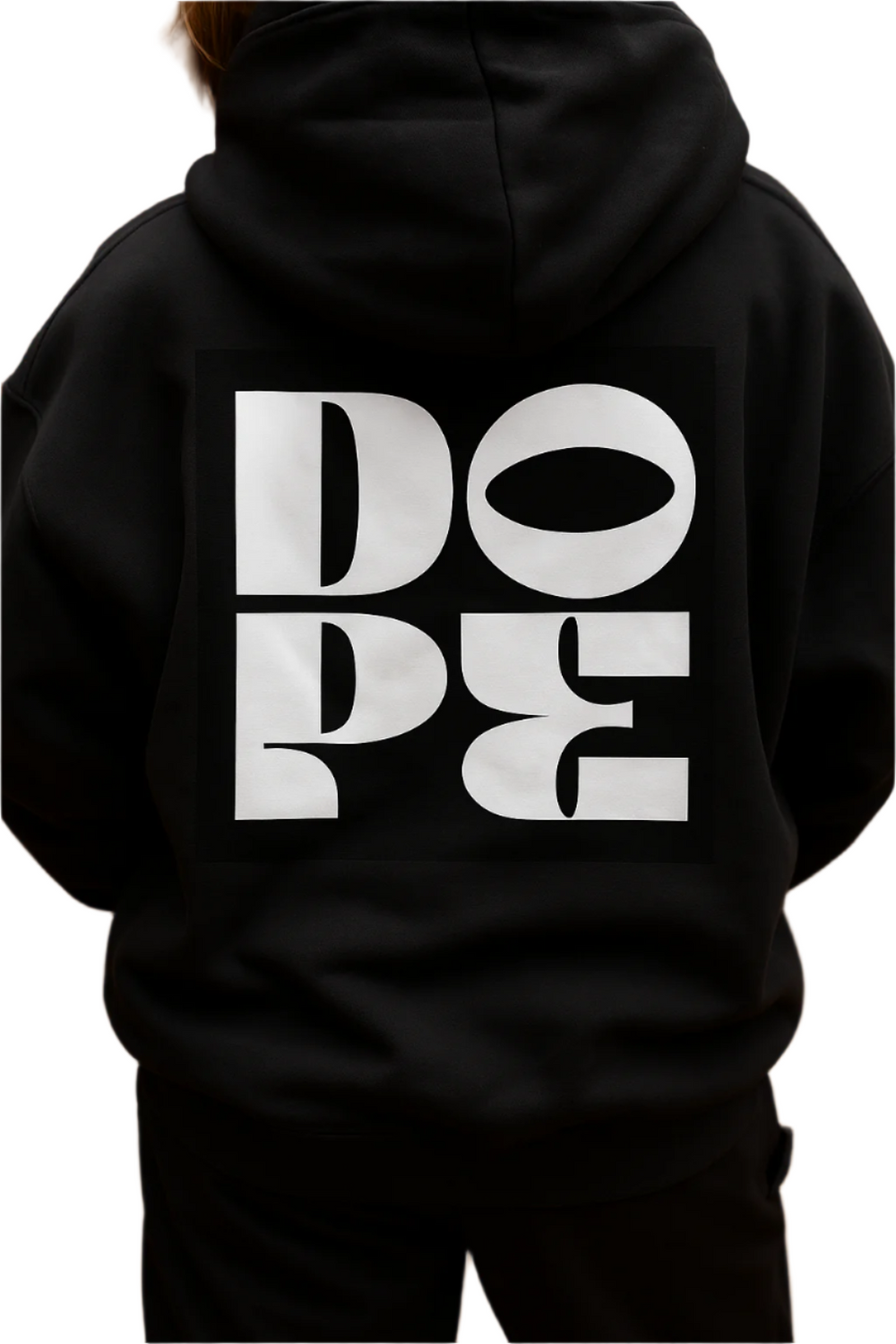 Black hoodie with 'DOPE' printed on the back against a wooden background