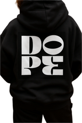 Black hoodie with 'DOPE' printed on the back against a wooden background