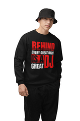 Person wearing a black sweatshirt with red and white text on a brown background