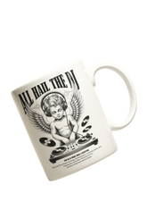 Mug with angel graphic and text on a yellow background with daisy flowers