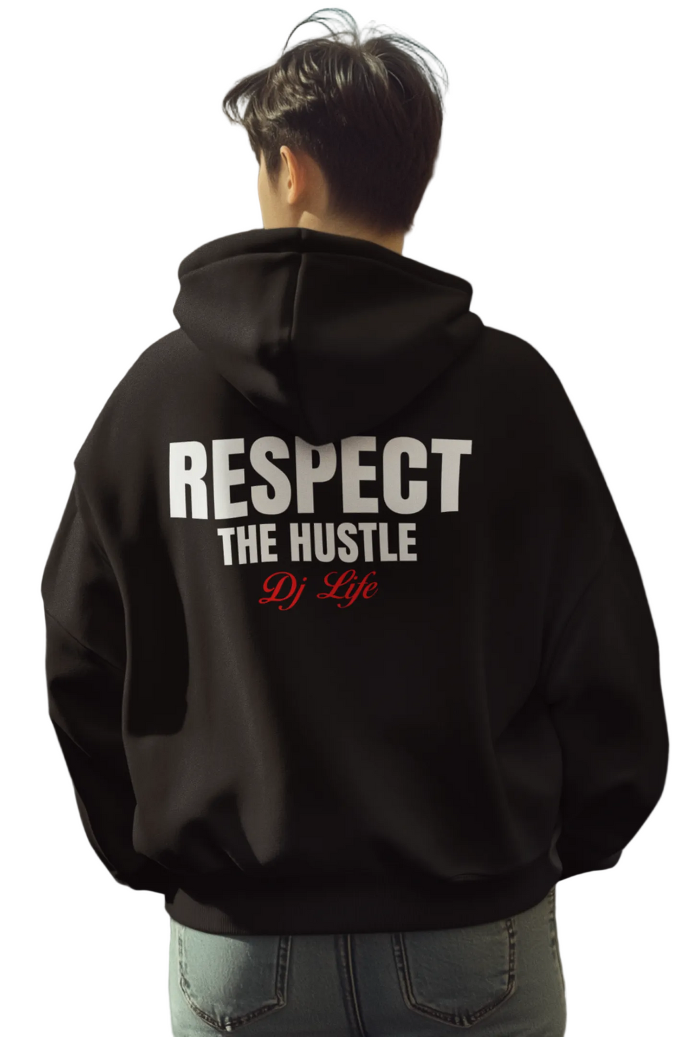Man wearing black DJ HOODIE RESPECT THE HUSTLE