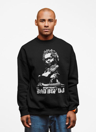 Man wearing a black sweatshirt with a graphic design and text on a white background