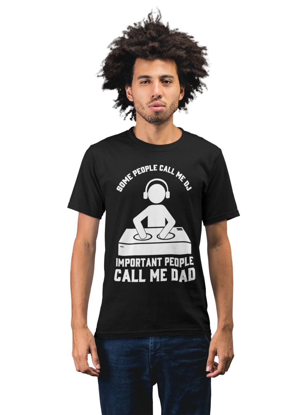 Man wearing a black t-shirt with a graphic and text on a white background