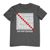 A gray t-shirt with a word search puzzle design featuring words related to hip hop culture, and the text 'HIP HOP EDITION' at the bottom.