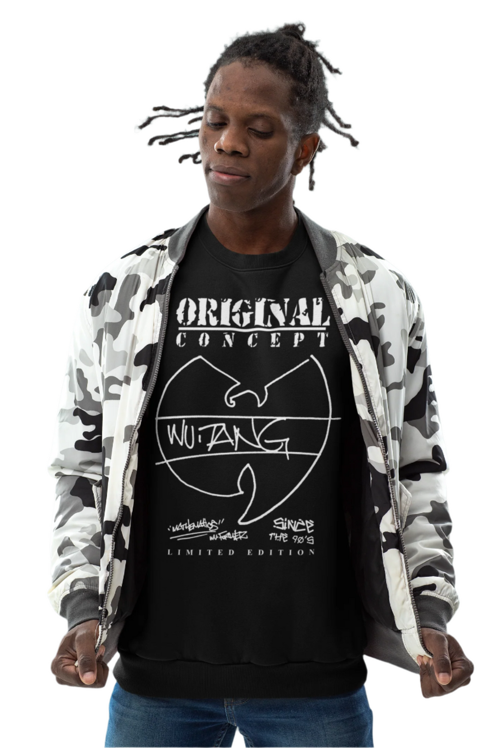 A person wearing a camouflage jacket and a black sweatshirt with the Wu-Tang Clan logo and the text 'Original Gangster' on the front.