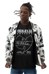A person wearing a camouflage jacket and a black sweatshirt with the Wu-Tang Clan logo and the text 'Original Gangster' on the front.