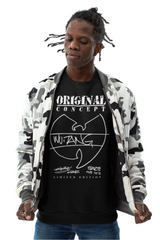 A person wearing a camouflage jacket and a black sweatshirt with the Wu-Tang Clan logo and the text 'Original Gangster' on the front.