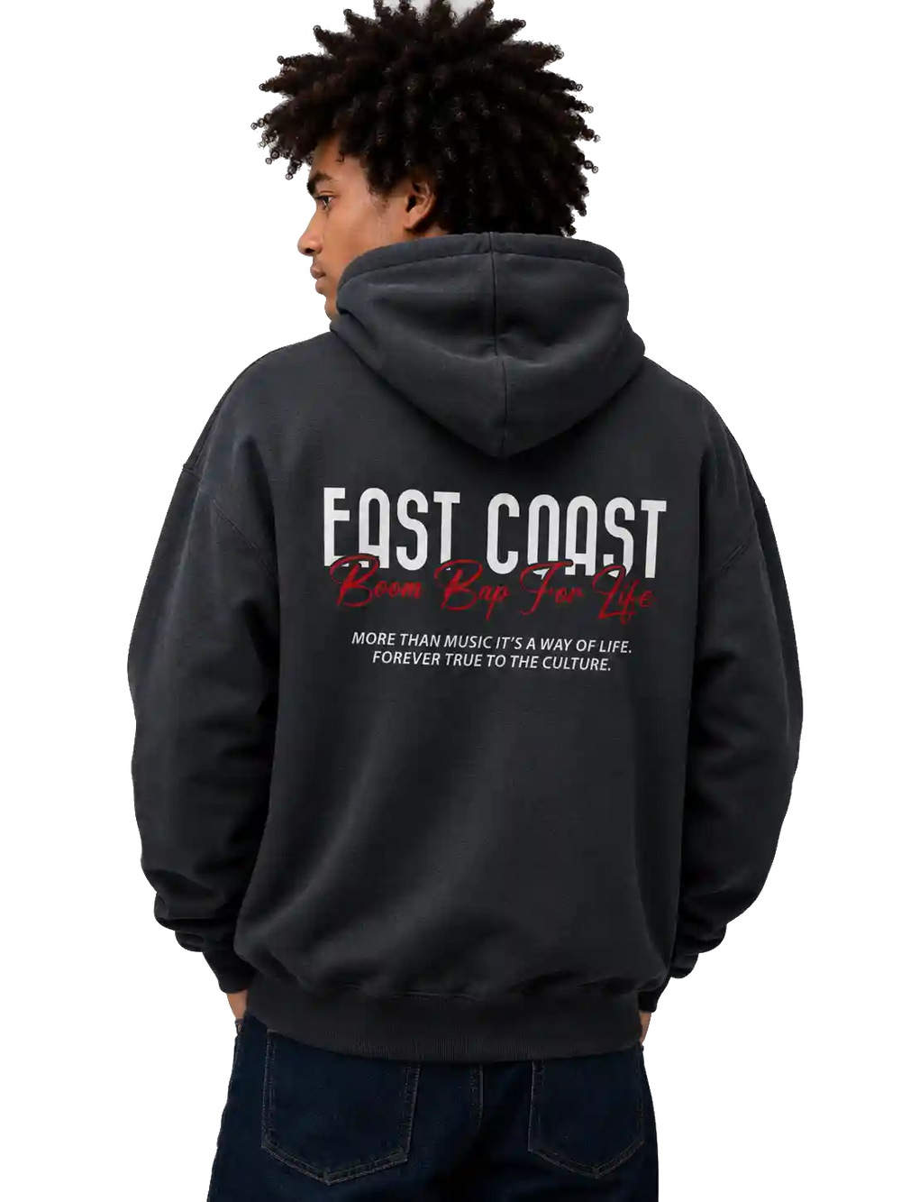 A man wearing a dark charcoal gray hoodie from the back, featuring 'FAST COAST' and 'Kean Keen Tee Co.' printed in white and red on the back, paired with dark blue jeans against a solid white background.