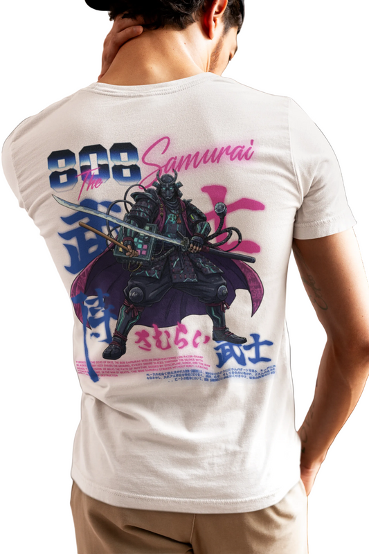 Person wearing a white t-shirt with a colorful graphic design on the back, featuring text and a stylized figure.