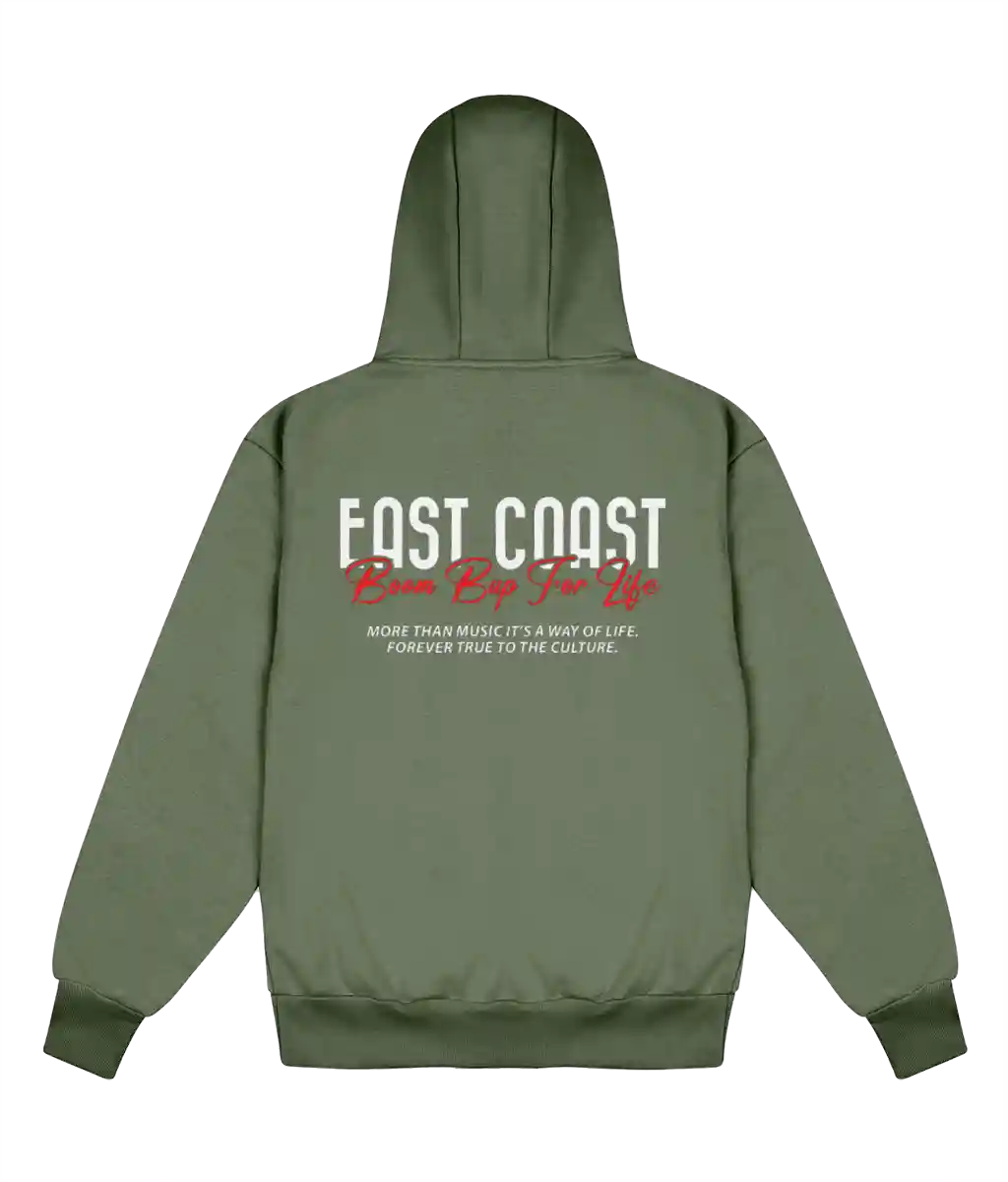 An olive green hoodie shown from the back, featuring a graphic print with the words 'EAST COAST' in white and red, and a quote underneath.