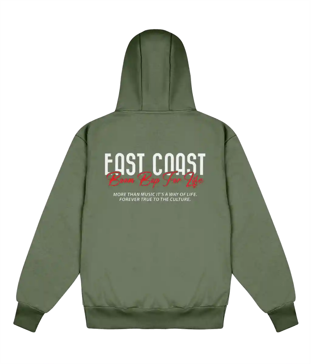An olive green hoodie shown from the back, featuring a graphic print with the words 'EAST COAST' in white and red, and a quote underneath.