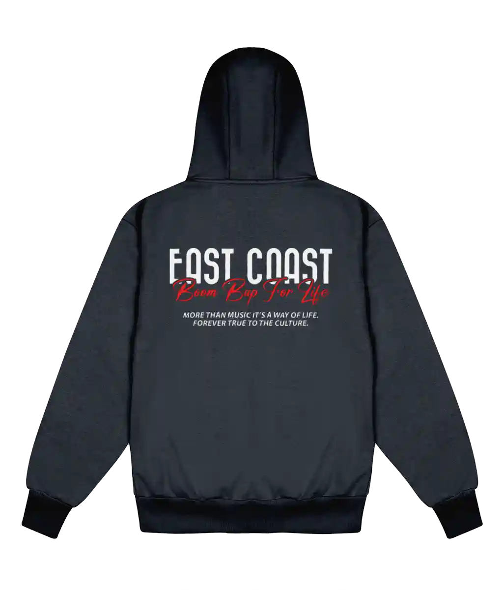 A dark gray zip-up hoodie shown from the back, featuring a graphic print with the text 'FAST COAST' in white, 'Run Rap Too Life' in red script, and smaller white text below, displayed on a solid white background.