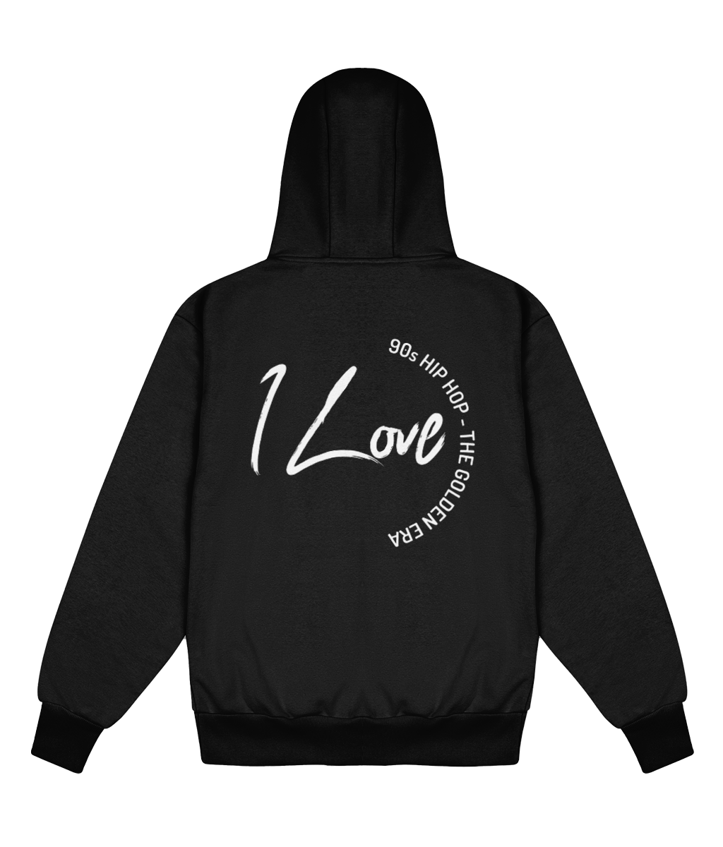 Black hoodie with 'I Love 90s Hip Hop' text on the back, on a white background