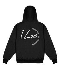 Black hoodie with 'I Love 90s Hip Hop' text on the back, on a white background
