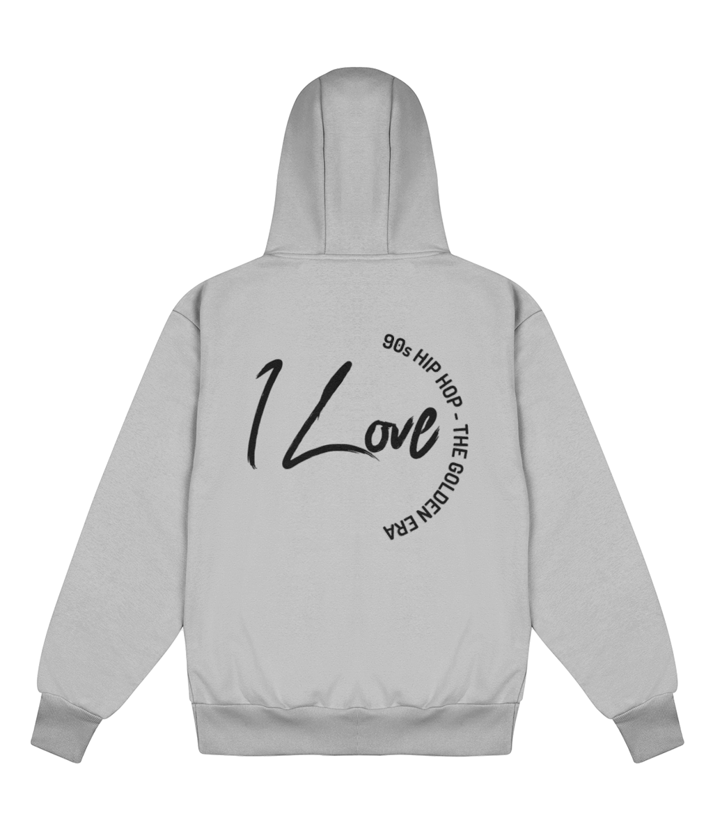 Gray hoodie with 'I Love 90s Hip Hop' text on the back against a white background
