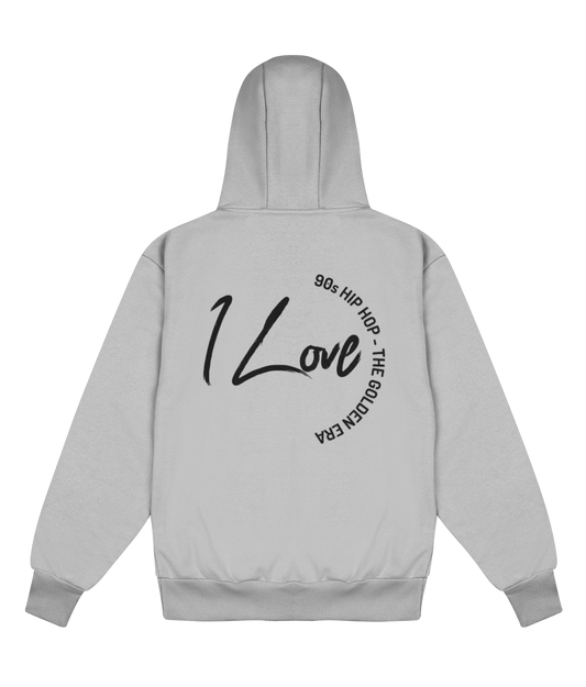 Gray hoodie with 'I Love 90s Hip Hop' text on the back against a white background
