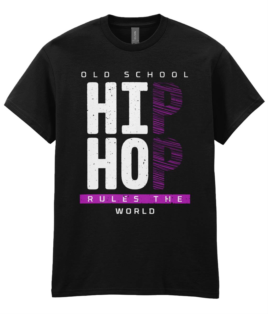 Black t-shirt with 'Old School Hip Hop Rules the World' text design on a white background