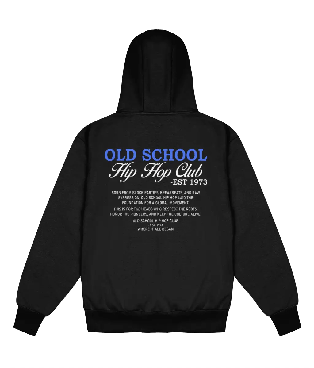 A black pullover hoodie shown from the back, featuring a graphic print with the text 'OLD SCHOOL Hip Hop Club -EST 1973' in blue and white, with additional text below detailing the hip hop movement.