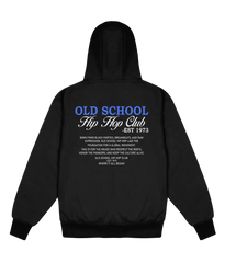 A black pullover hoodie shown from the back, featuring a graphic print with the text 'OLD SCHOOL Hip Hop Club -EST 1973' in blue and white, with additional text below detailing the hip hop movement.