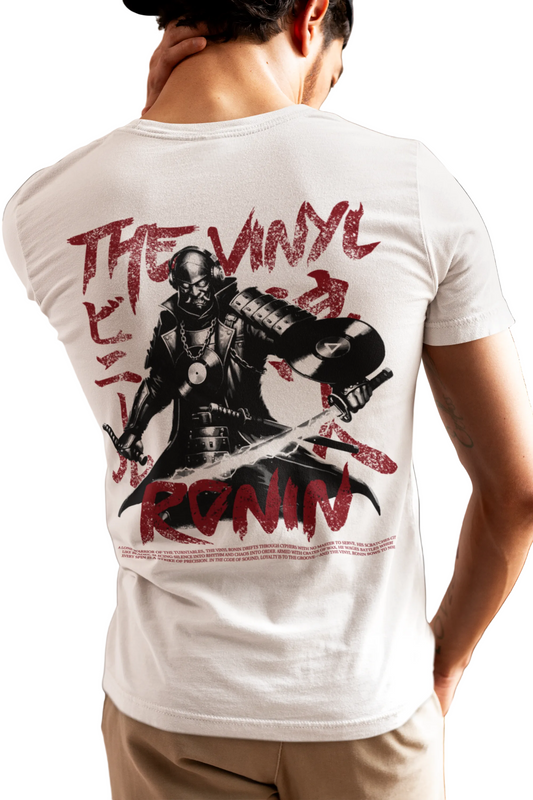 Person wearing a white t-shirt with a graphic design and text on the back.