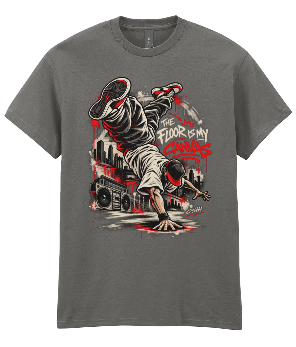 The Floor Is My Canvas T-shirt with breakdance-inspired front artwork