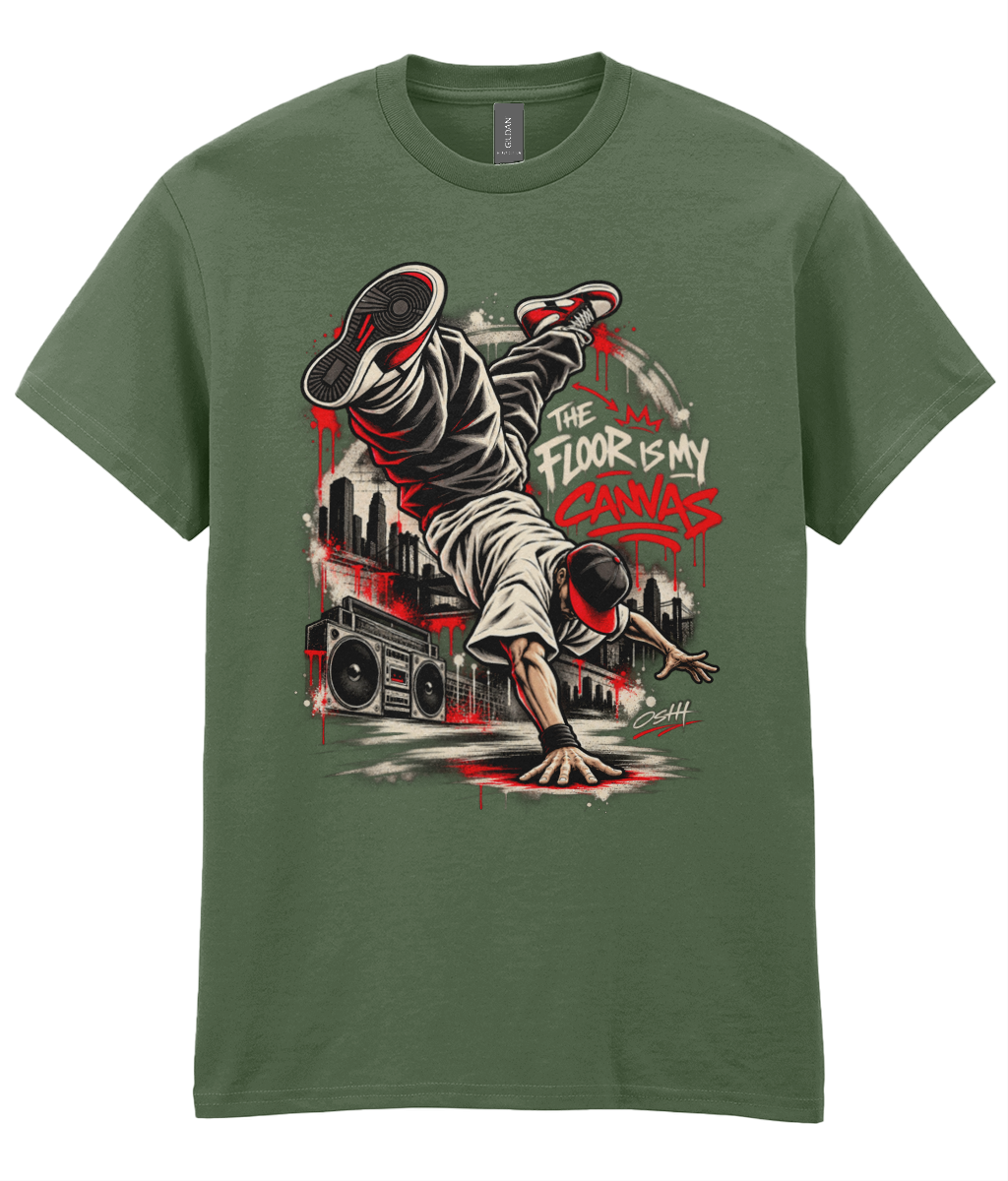 The Floor Is My Canvas T-shirt with breakdance-inspired front artwork