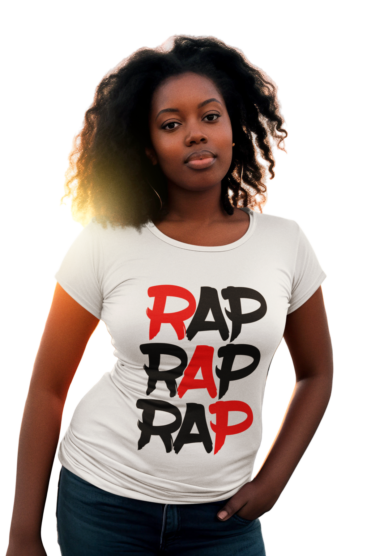Woman wearing a white t-shirt with 'RAP' text in red and black, standing outdoors.