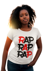 Woman wearing a white t-shirt with 'RAP' text in red and black, standing outdoors.