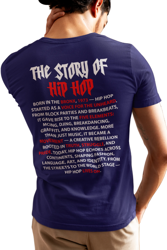 Person wearing a blue t-shirt with text about the story of hip hop on the back.