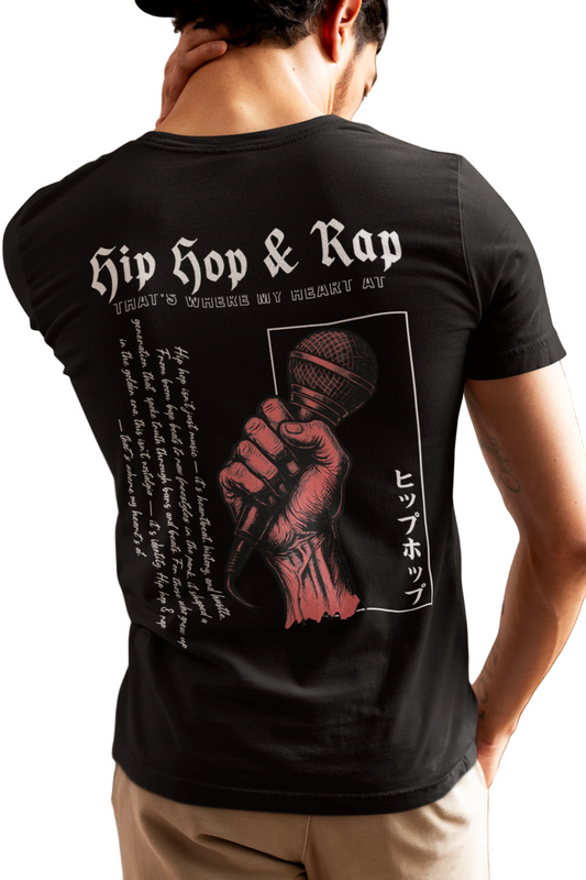 Person wearing a black t-shirt with 'Hip Hop & Rap' design on the back.