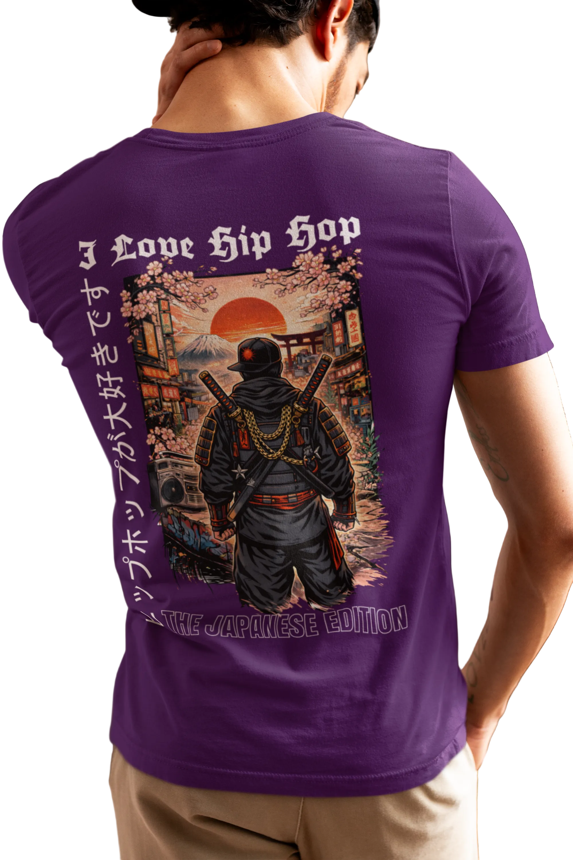 Person wearing a purple t-shirt with a graphic design on the back, featuring text and an illustration.