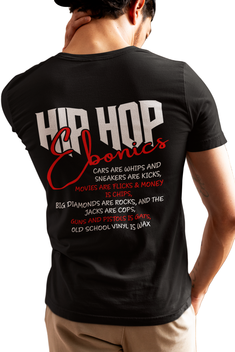 Person wearing a black t-shirt with 'Hip Hop Ebonics' text design.