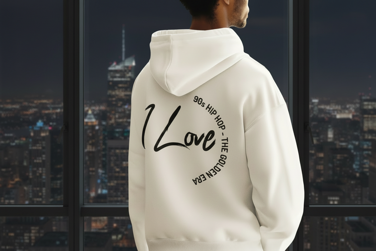 ma n wearing a I LOVE HIP HOP white hoodie