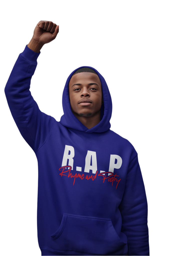 A person wearing a blue hoodie with 'R.A.P' written in white and red letters on the front.