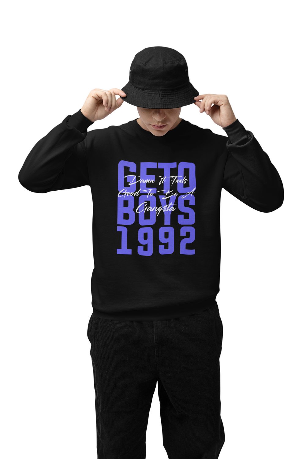 A person wearing a black sweatshirt with the text 'GETO BOYS 1992' in bold blue letters.