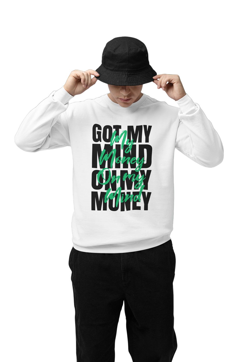 Person wearing a white sweatshirt with text and a black cap on a green background