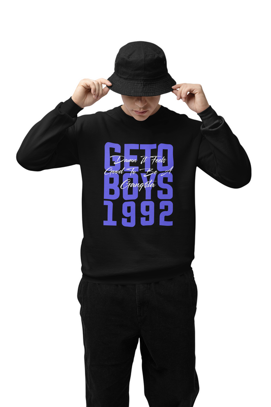 A person wearing a black sweatshirt with the text 'GETO BOYS 1992' in bold blue letters.