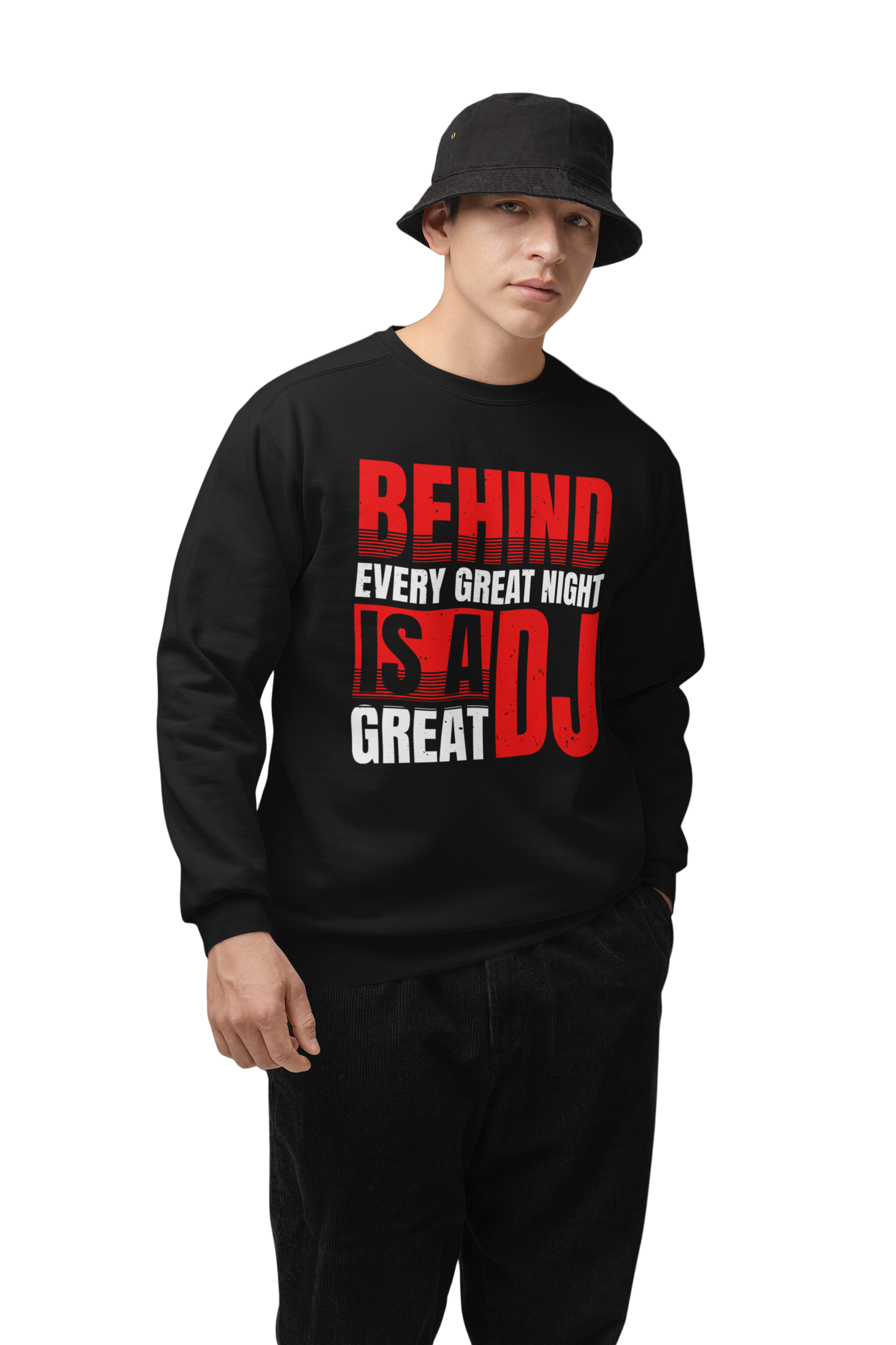 Person wearing a black sweatshirt with red and white text on a brown background